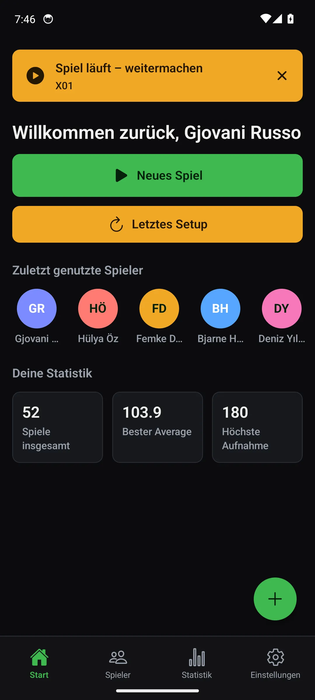 Oche App — Ansicht Start