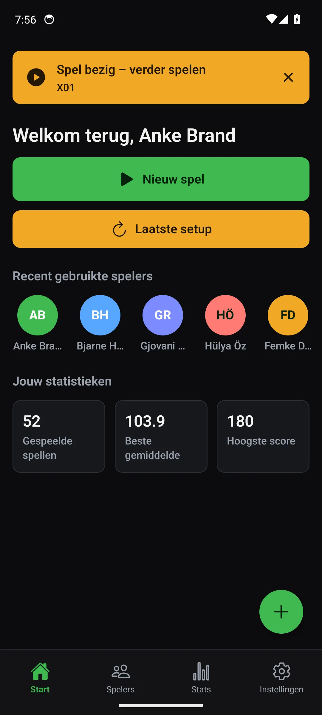 Oche-app — scherm Home