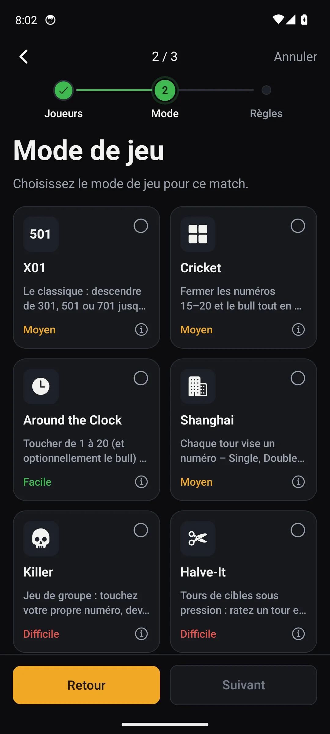 Sélecteur de modes Oche — choisissez joueurs et mode