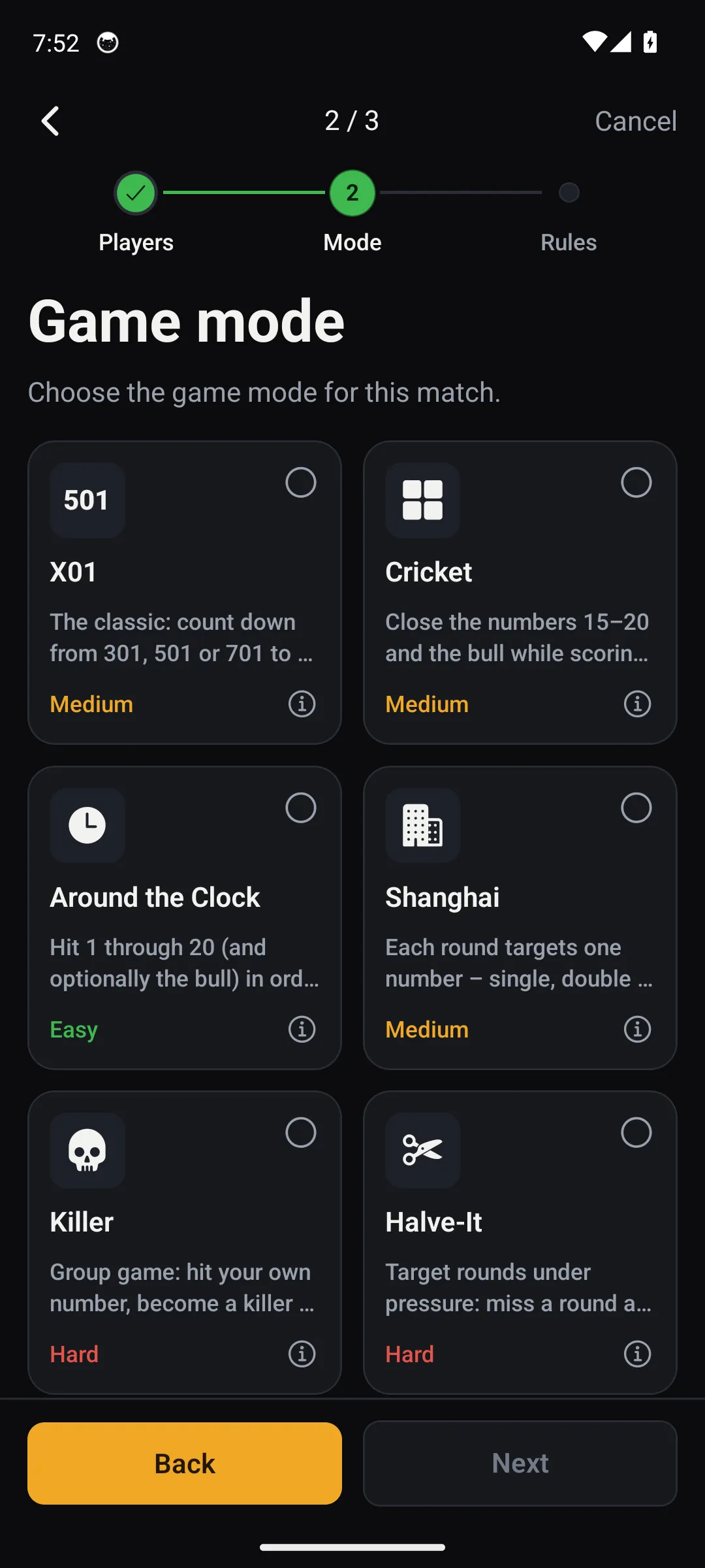 Oche game-mode picker — choose players and a mode