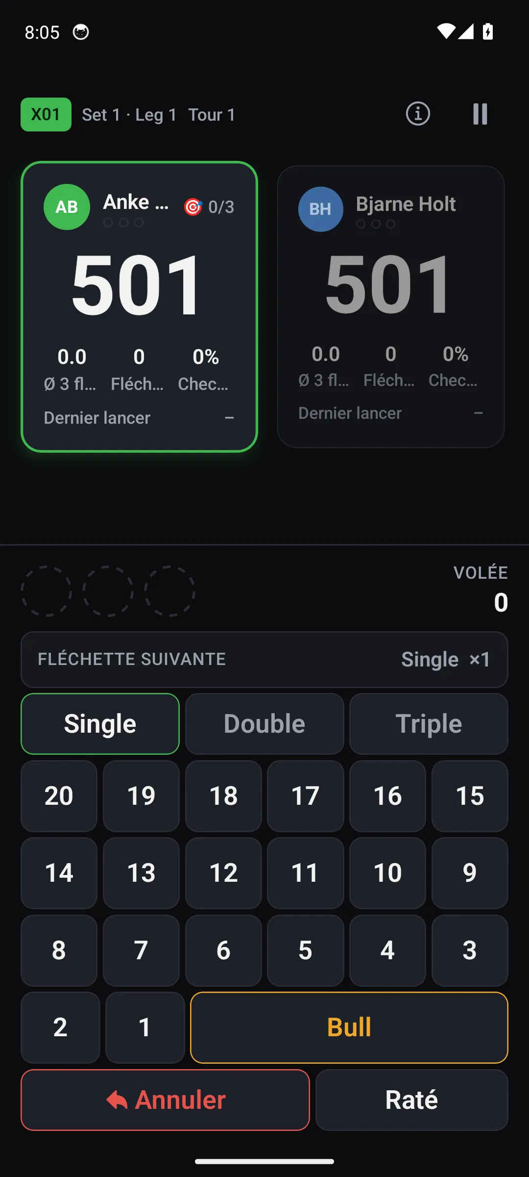 App Oche — écran Tableau de score