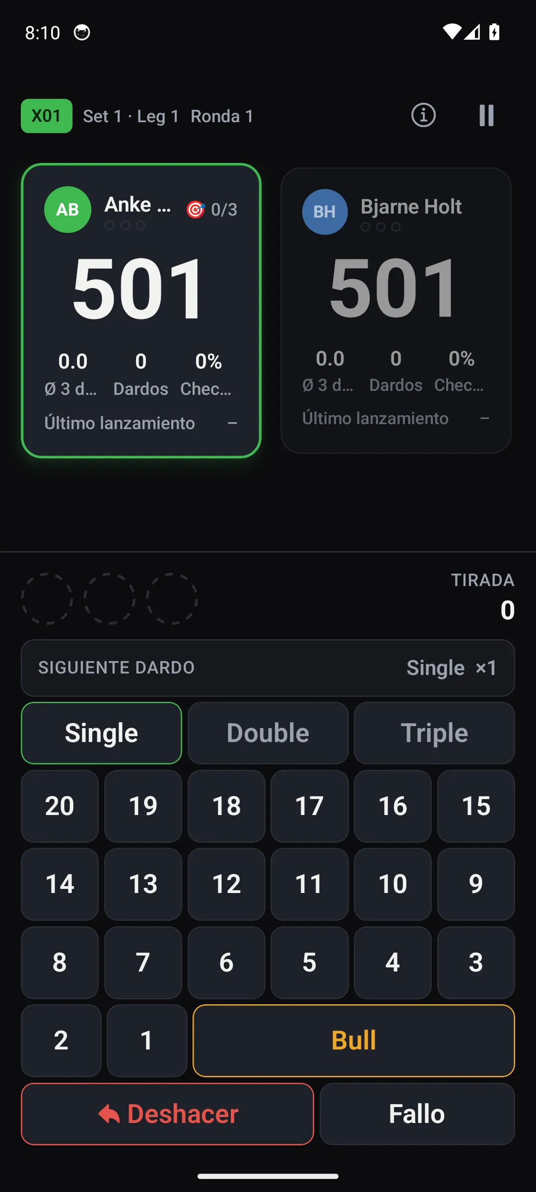 App Oche — pantalla Marcador