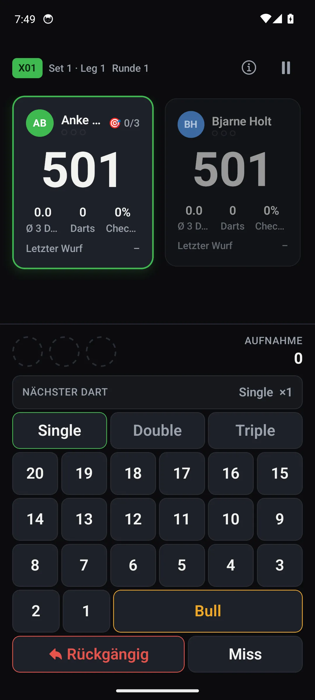 Oche App — Ansicht Spielstand