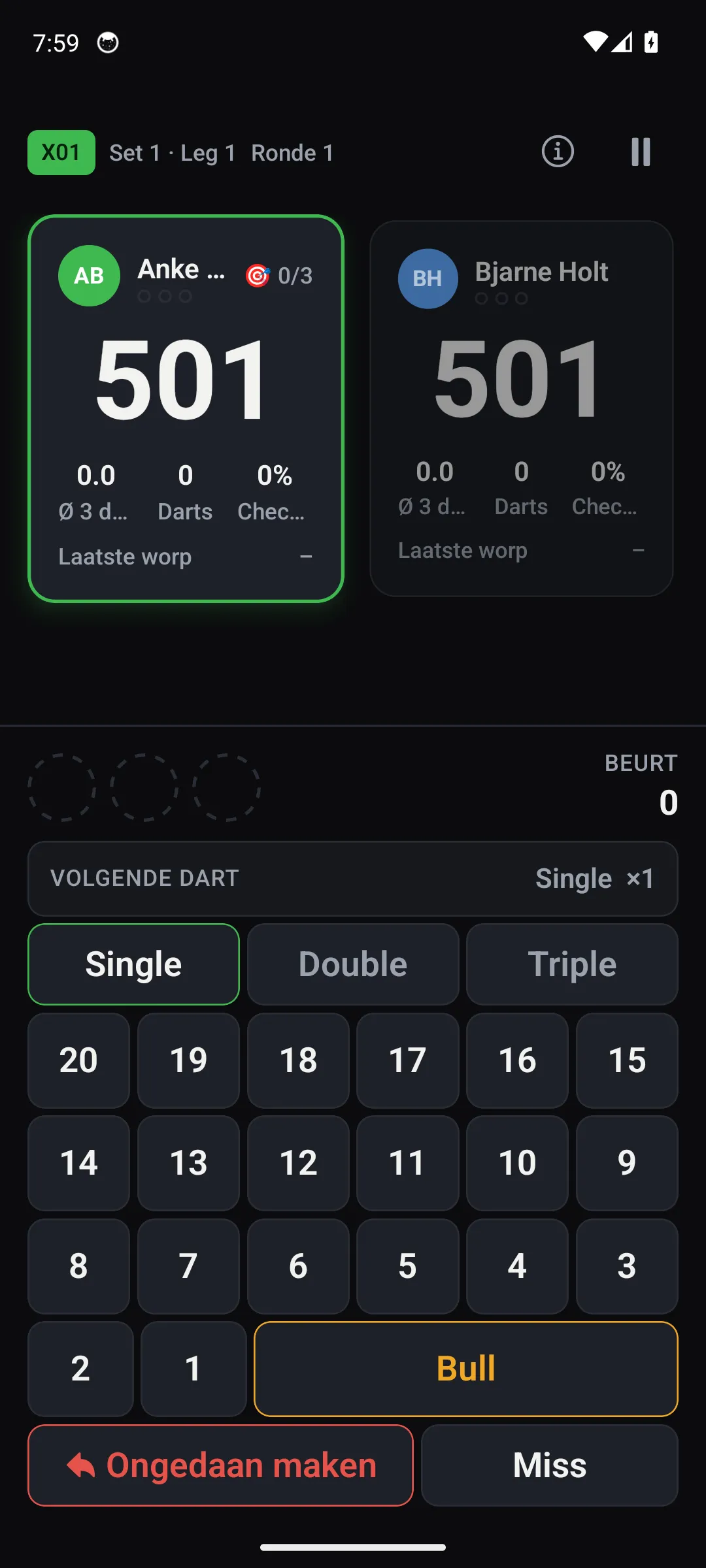 Oche-app — scherm Scorebord