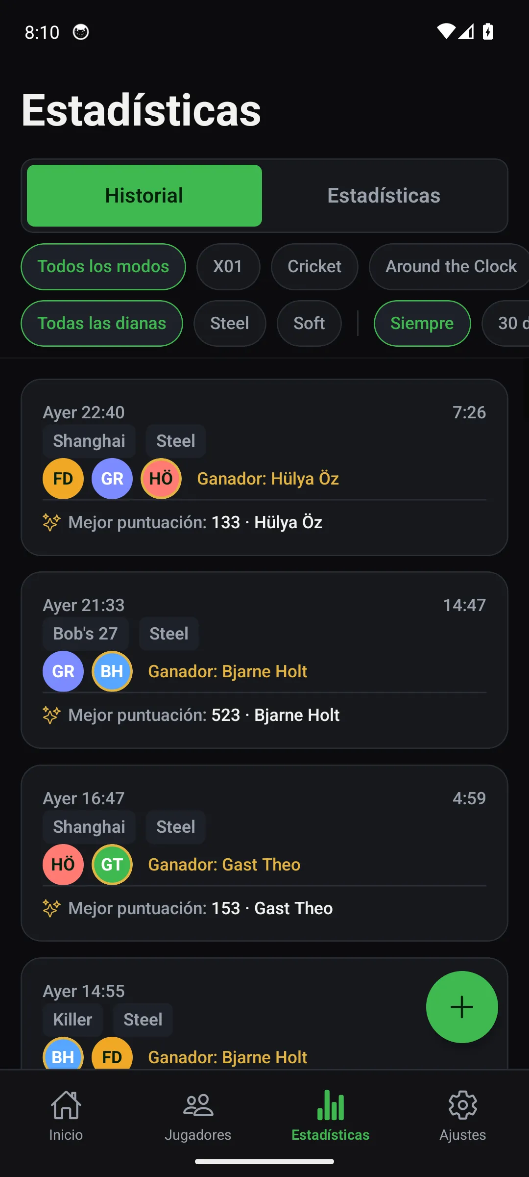 App Oche — pantalla Estadísticas e historial