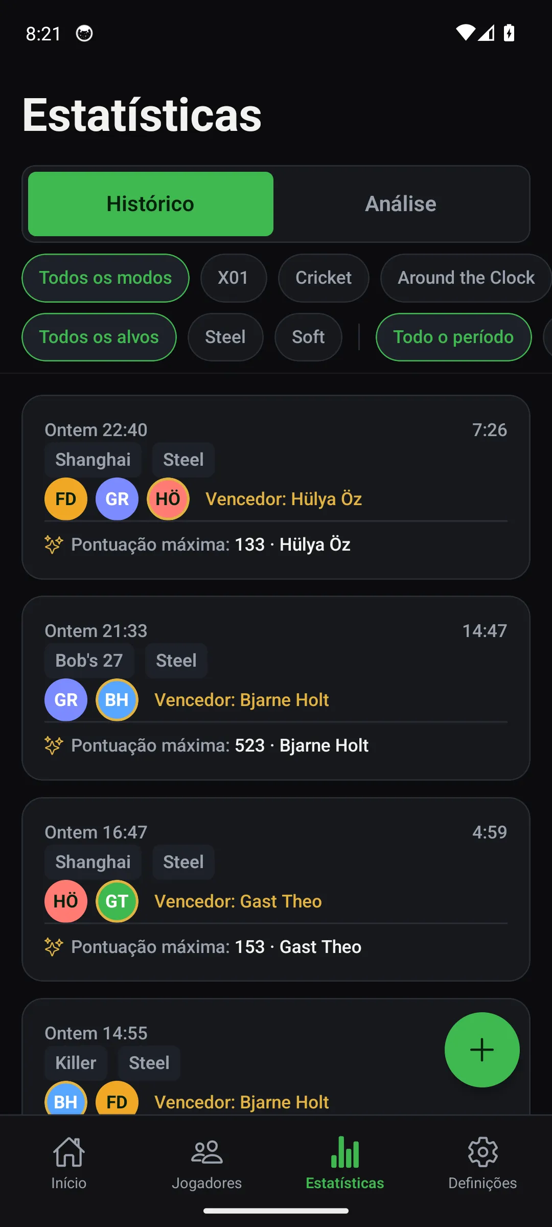 App Oche — ecrã Estatísticas e histórico