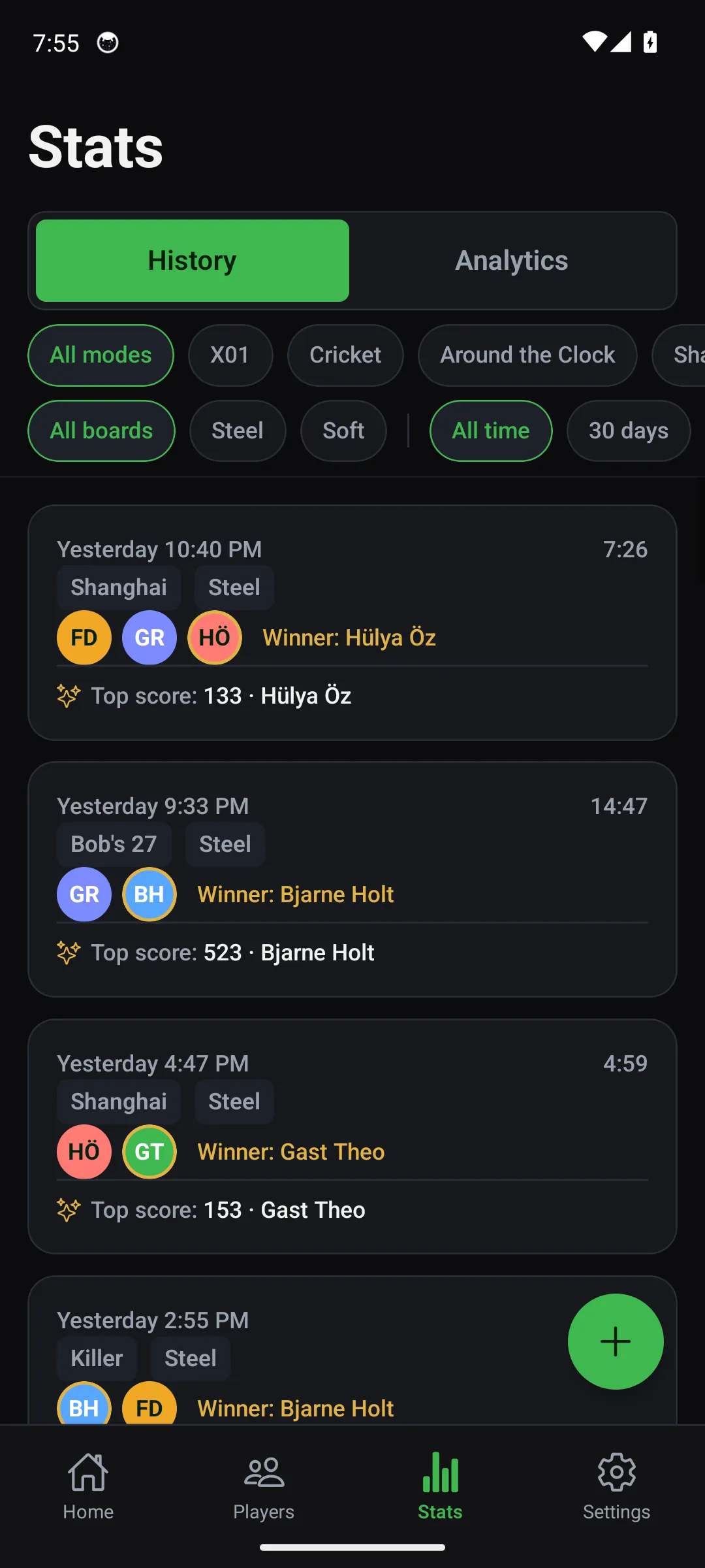 Oche app — Stats & History screen