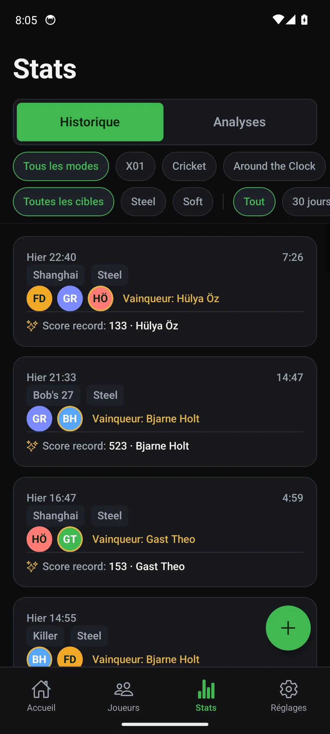 App Oche — écran Statistiques et historique