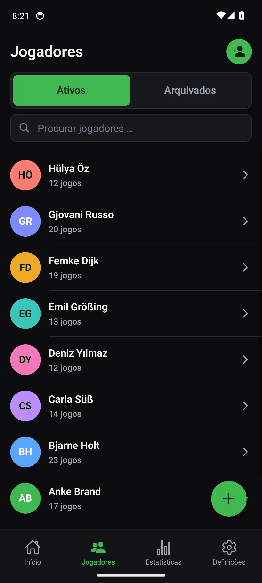 App Oche — ecrã Jogadores