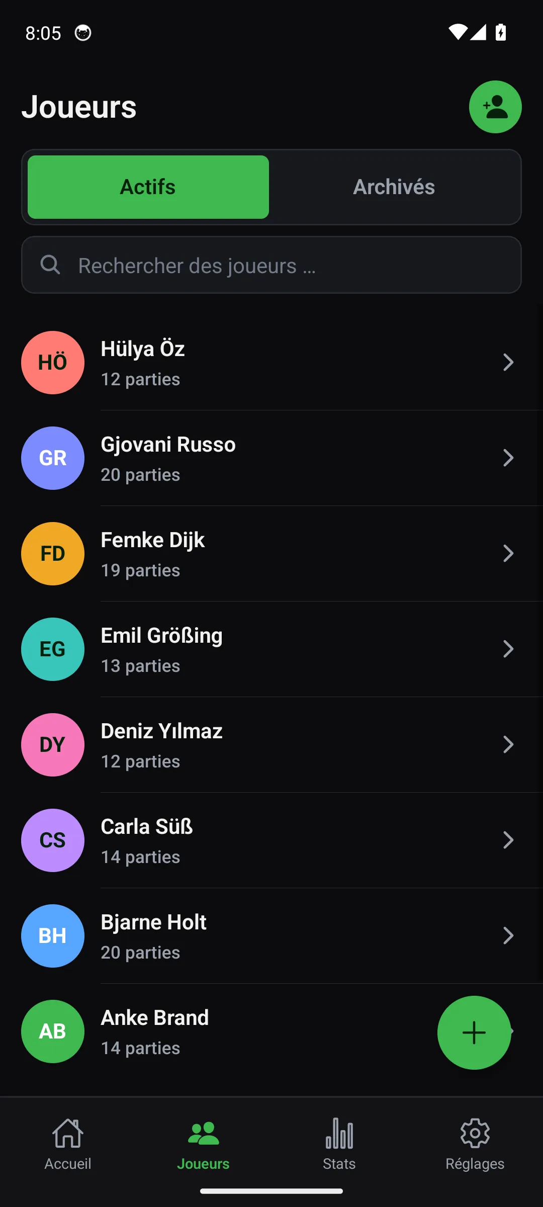 App Oche — écran Joueurs