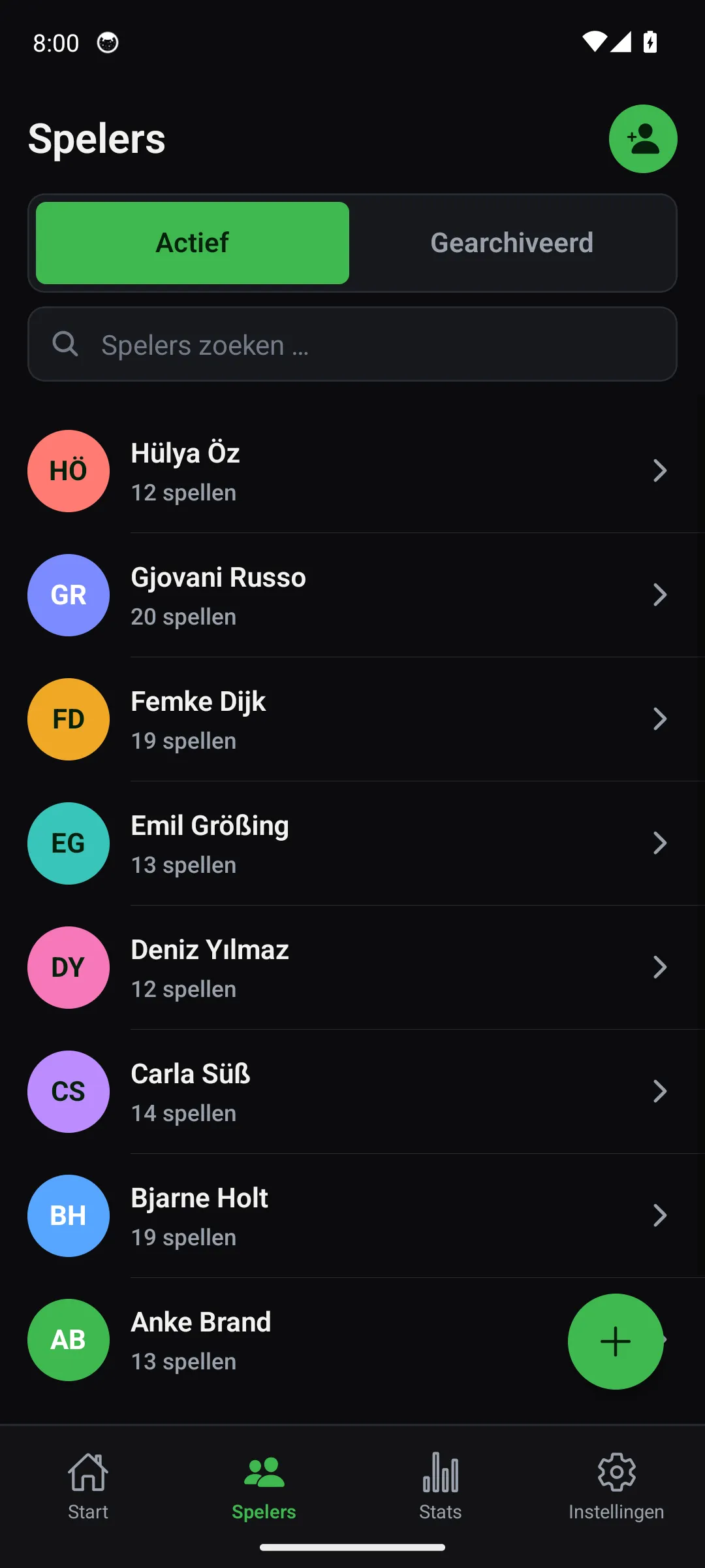 Oche-app — scherm Spelers