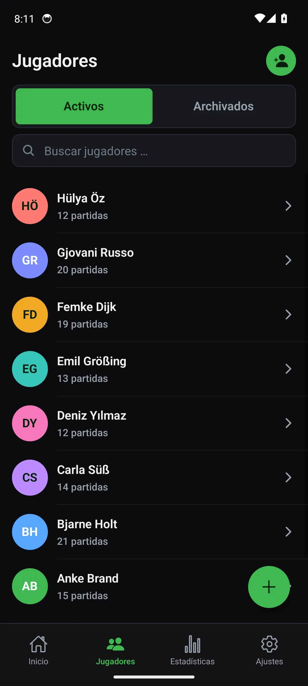 App Oche — pantalla Jugadores